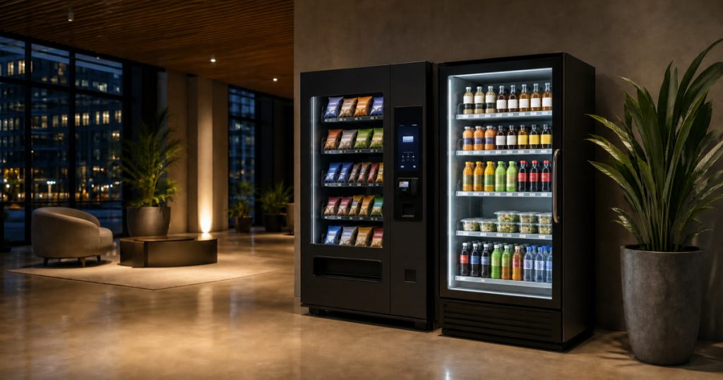 Smart vending machine and smart fridge in a premium after-hours lobby for 24/7 vending access