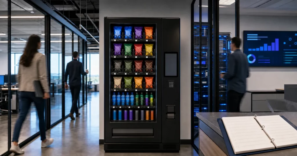 Office workers walking past an AI-powered vending machine in a modern business setting
