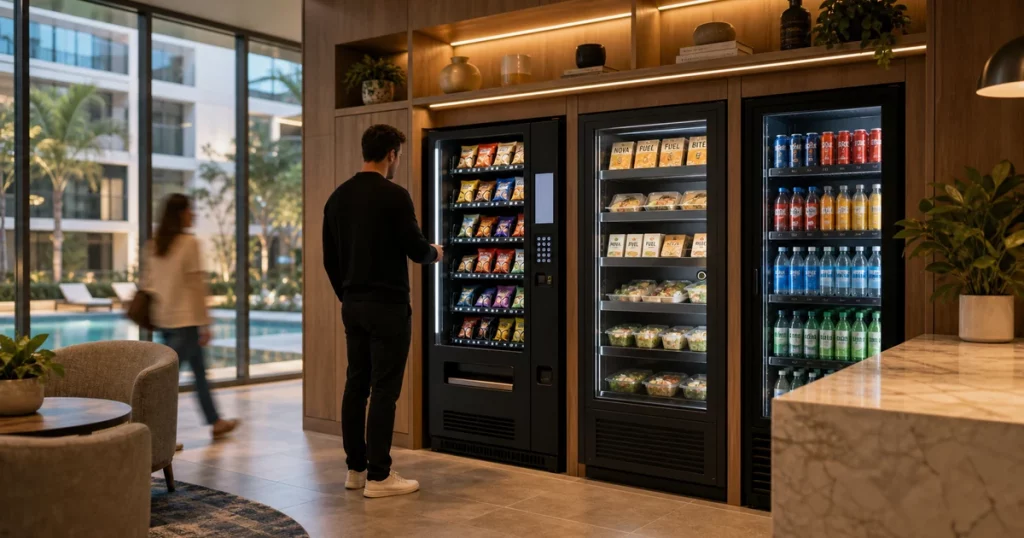 Apartment amenity lounge with vending machine and smart fridge market setup