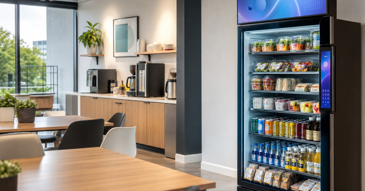 Smart cooler in a workplace break room for waiting area vending placement planning