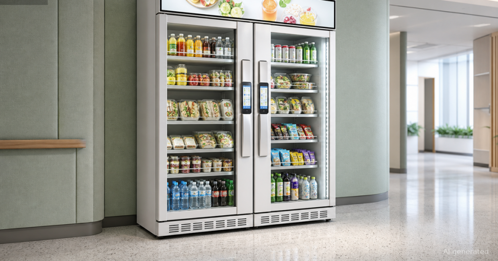 White double-door smart cooler in a clinic staff alcove for vending room planning