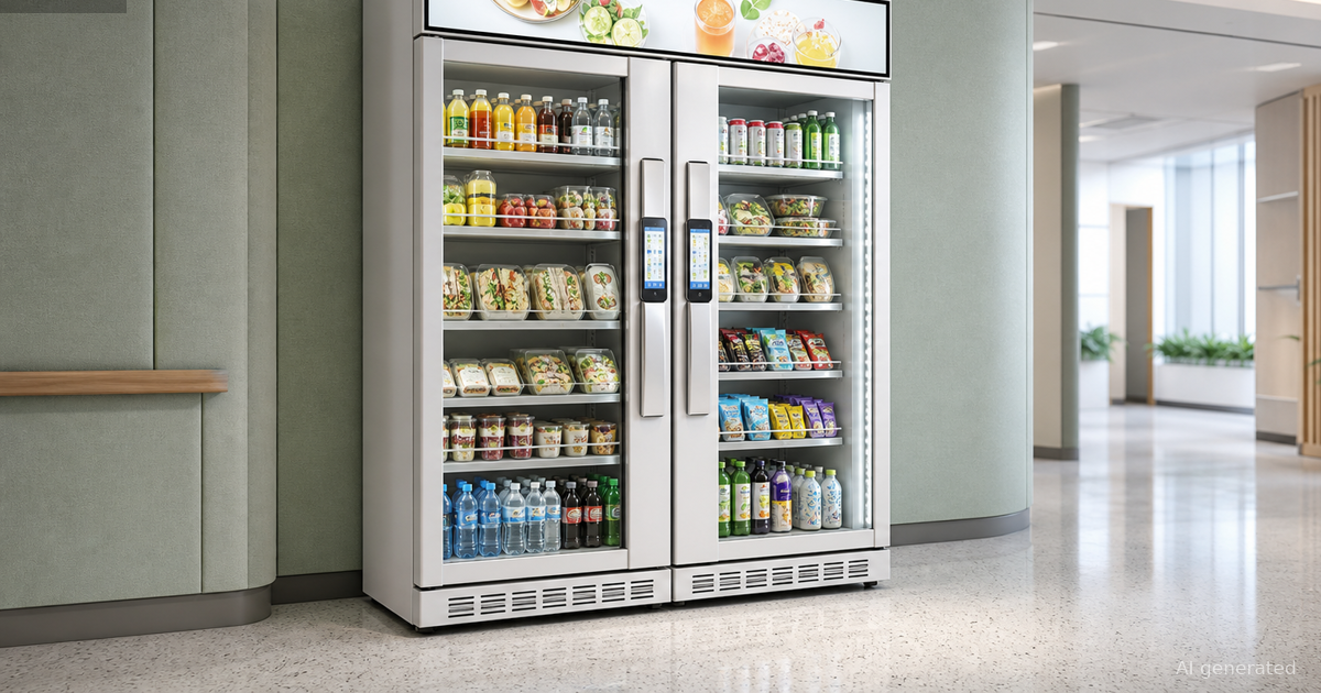 White double-door smart cooler in a clinic staff alcove for vending room planning