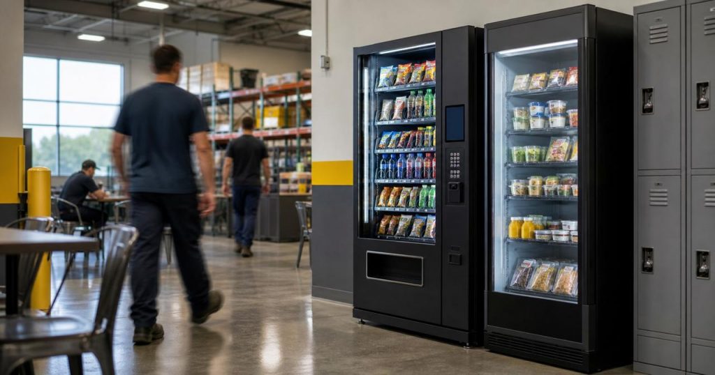 Warehouse breakroom with vending machines, fresh food cooler, lockers, and employees walking through the space