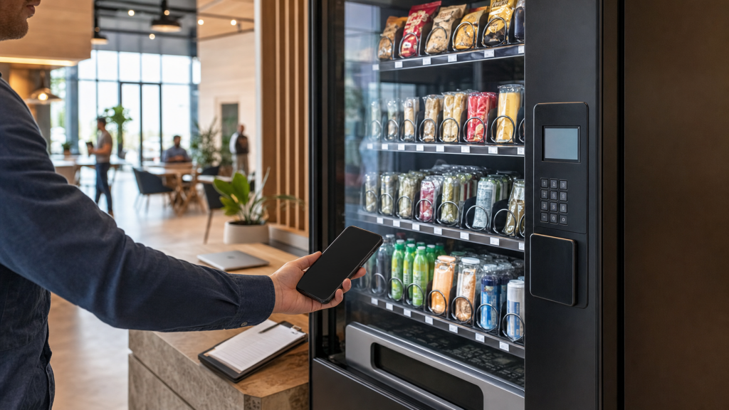 Cashless vending machine in a coworking lobby with payment support planning cue