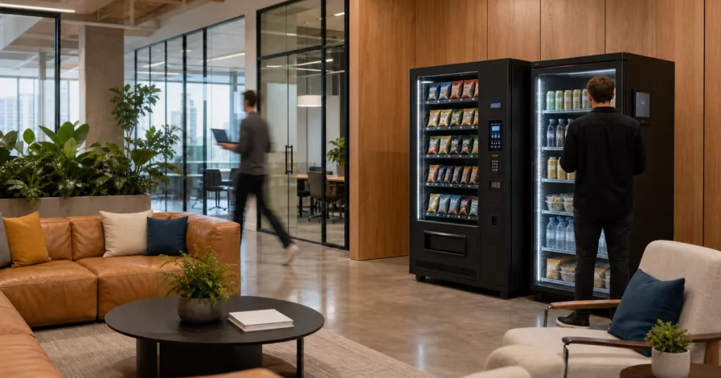 Coworking lounge with smart vending machine and smart fridge for member snacks