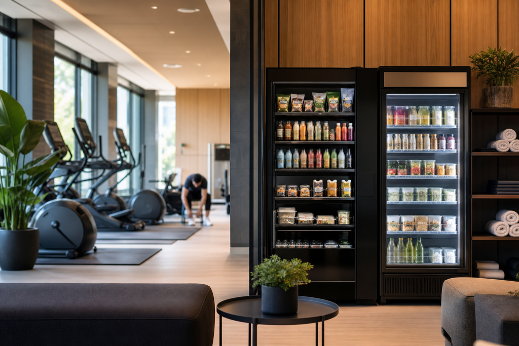 Smart fridge and vending machine in a fitness club recovery area