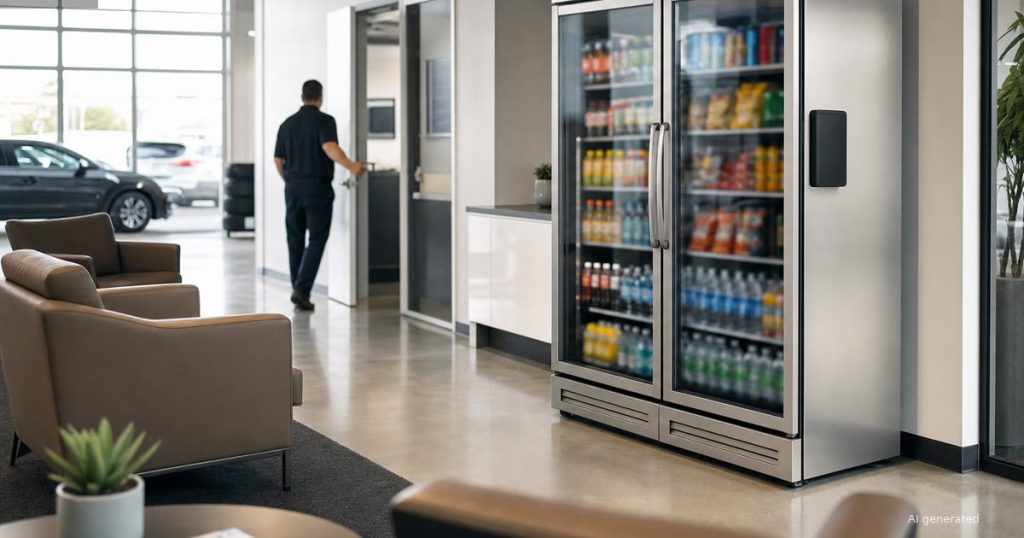Double-door smart cooler in a modern dealership-style waiting area with service access nearby