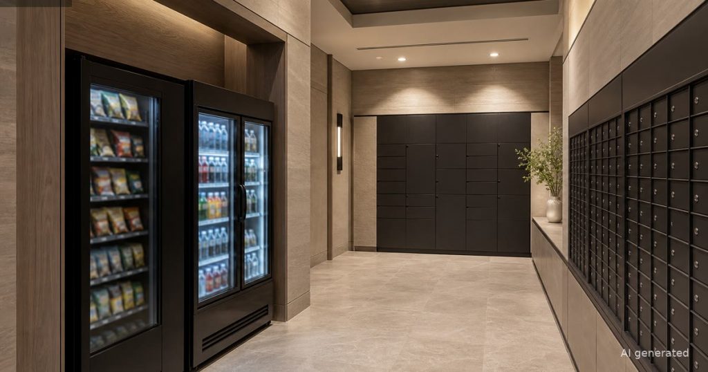 Smart vending and refrigerated units in an apartment mailroom path for qualified no-cost vending placement