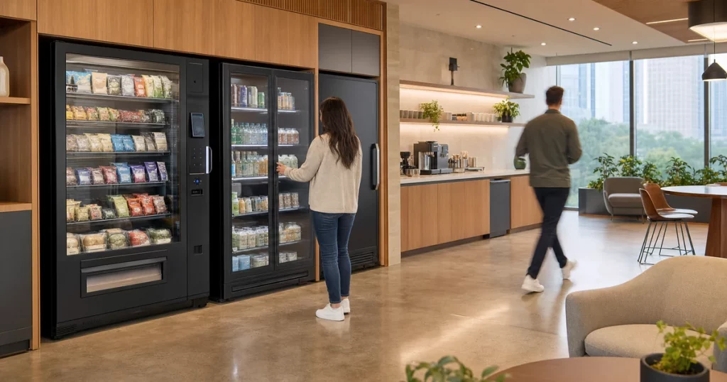 Modern office breakroom with smart vending machine and smart fridge for workplace snacks and drinks