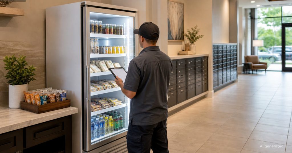 Service worker checking a stocked smart fridge in an apartment mailroom corridor for a first restock review