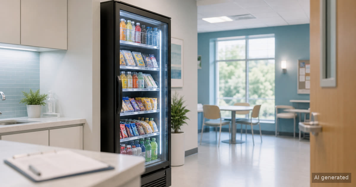 Smart vending cooler in a bright clinic staff breakroom planned as a low-burden workplace amenity