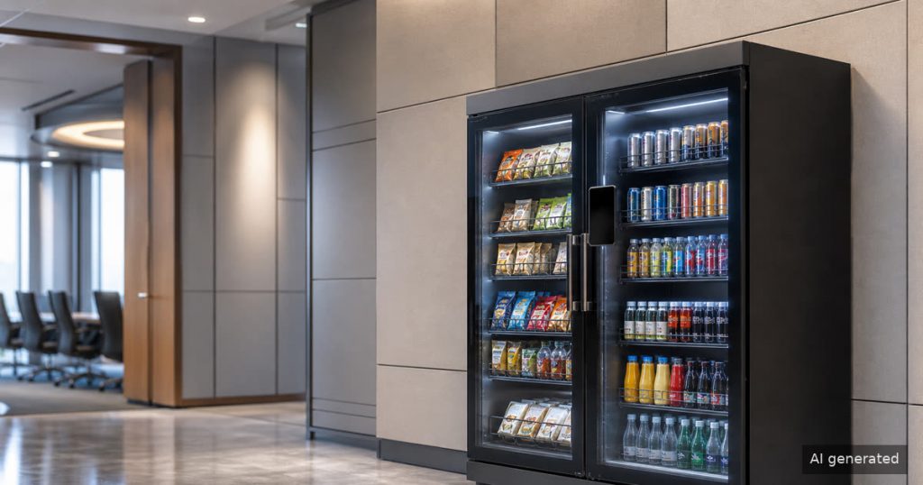 Smart vending machine in a conference center corridor stocked for meeting breaks and visitor traffic