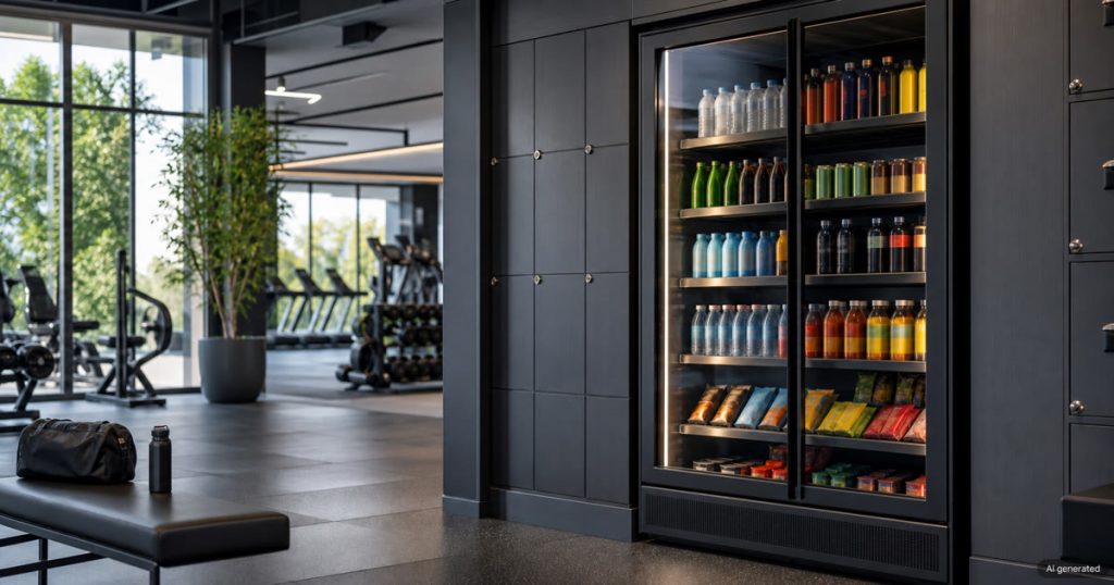 Smart vending cooler in a gym lounge stocked with unbranded drinks and snacks for workout breaks