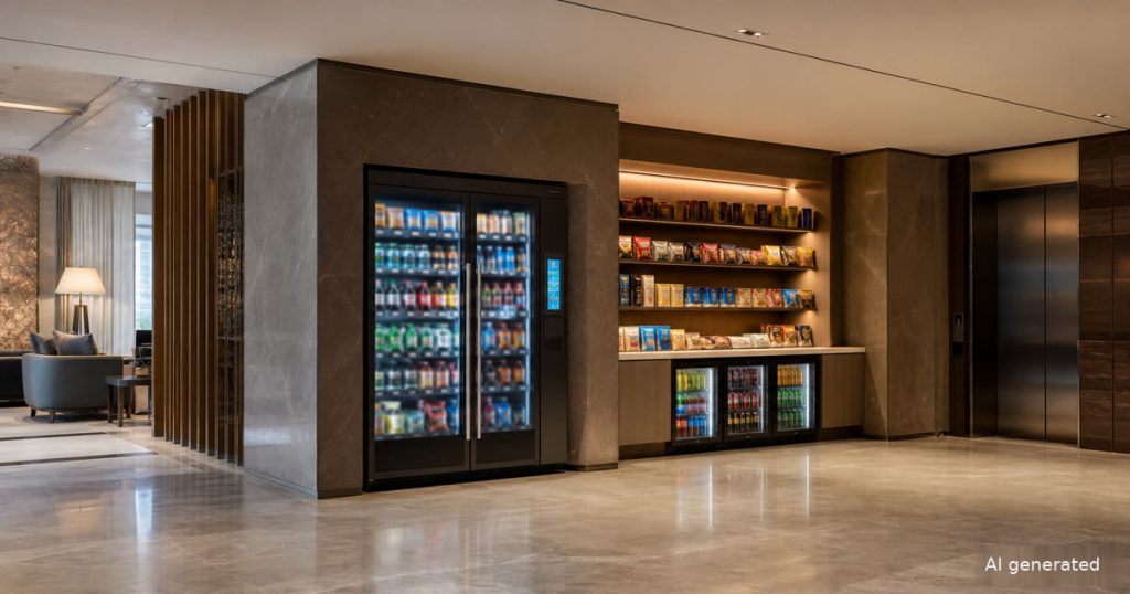 Hotel lobby grab-and-go alcove comparing a micro market wall with a modern smart vending cooler
