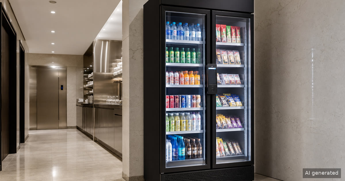 Hotel service corridor with a modern smart cooler stocked with drinks and snacks for vending machine service