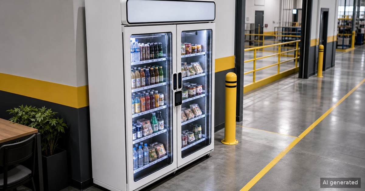 Manufacturing shift entrance with a smart cooler positioned for vending machine installation planning