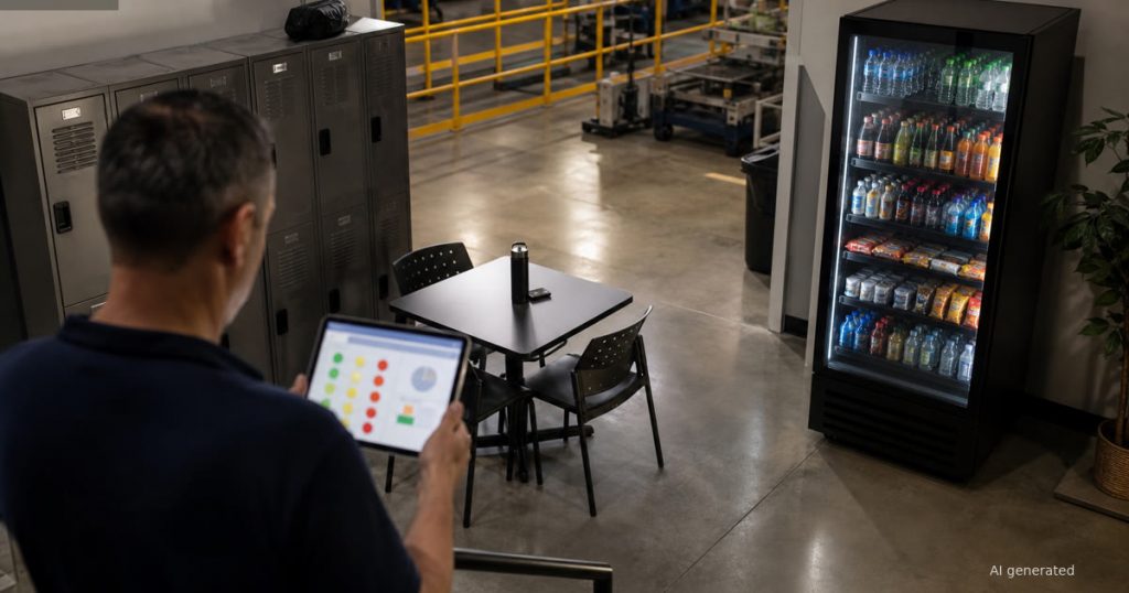 Warehouse break area smart vending cooler reviewed from a tablet for remote monitoring and service planning