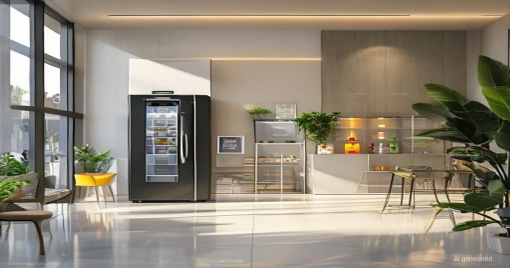 Modern apartment lobby with a double-door smart cooler positioned near a resident traffic path