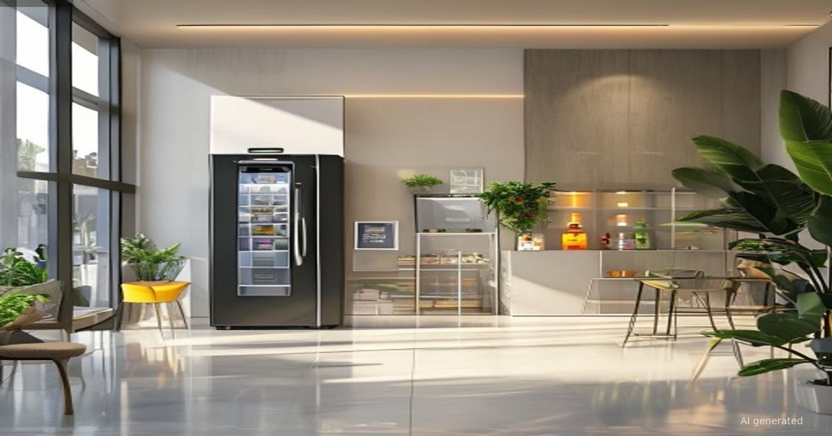 Modern apartment lobby with a double-door smart cooler positioned near a resident traffic path