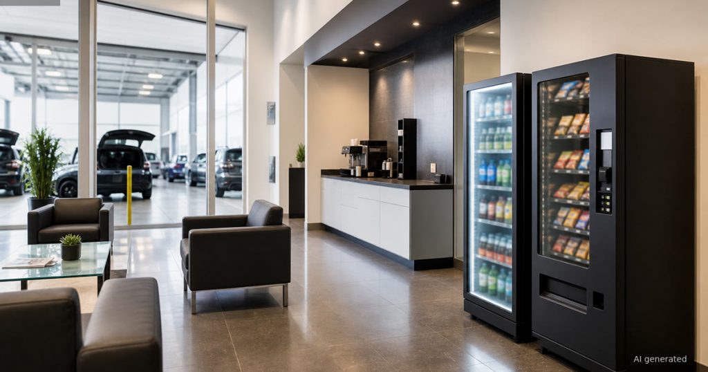 Compact vending and smart fridge units in a dealership service lounge with clear walking space