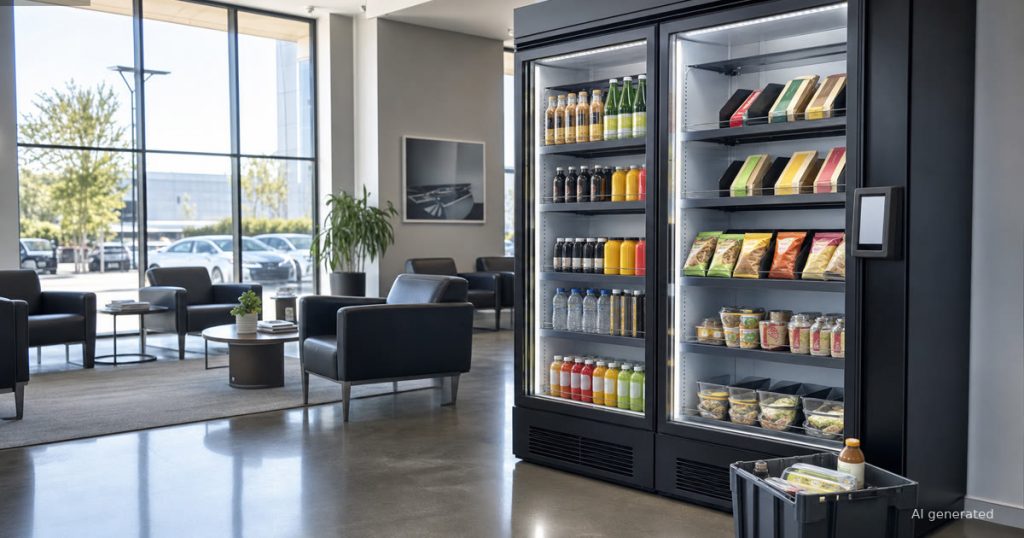 Double-door smart cooler in a dealership service lounge positioned near customer traffic