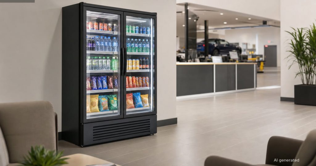 Double-door smart cooler in a dealership service lounge with visible guest access space