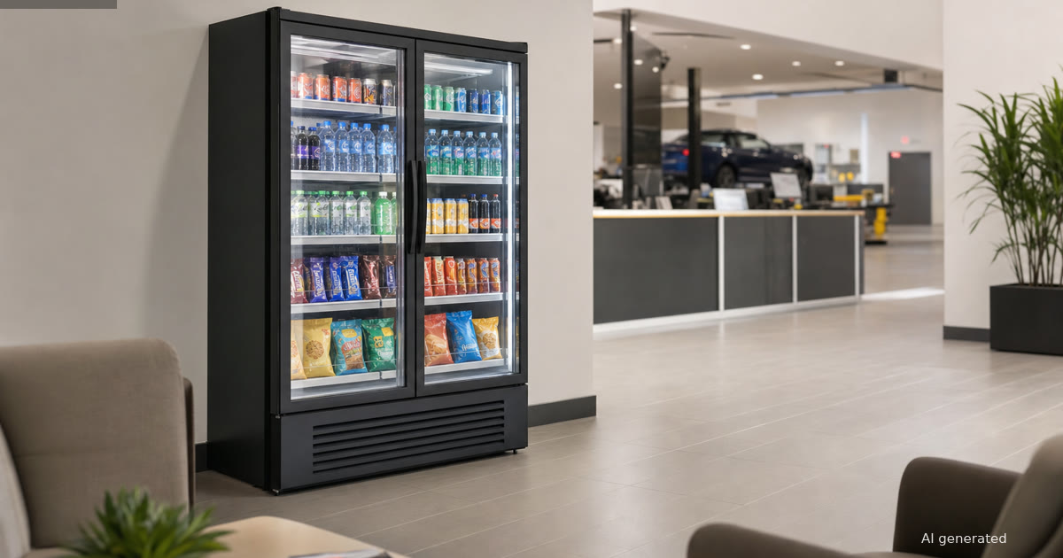 Double-door smart cooler in a dealership service lounge with visible guest access space