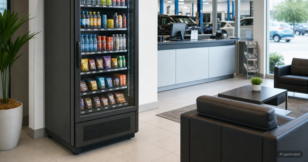 Dealership service lounge with smart vending positioned for customers without crowding reception