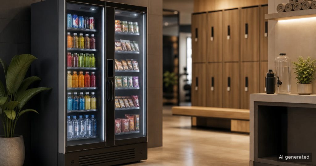 Fitness studio locker area with a dual-door smart vending cooler and generic payment panel