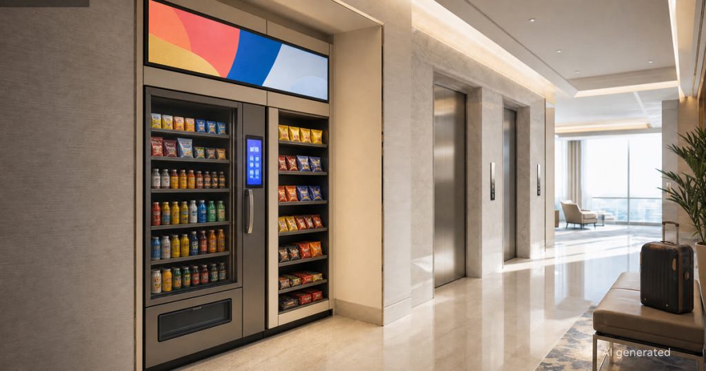 Bright hotel elevator corridor with compact smart vending, visible handle touchscreen, and top advertising display for guest drinks and snacks