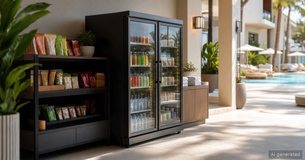 Smart fridge and snack shelf near a hotel pool corridor for seasonal guest vending convenience