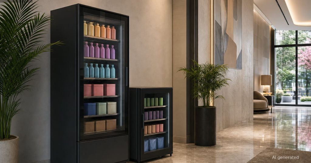 Smart vending cooler in a public lobby corridor for guest-facing food and drink access planning