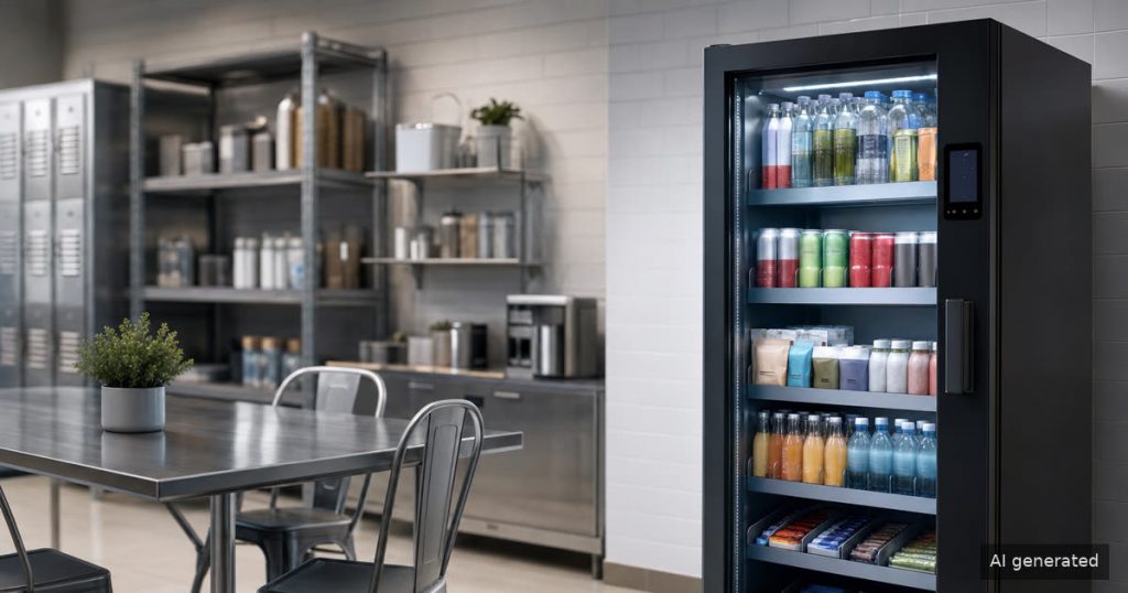 Smart cooler near a back-of-house traffic path where vending machine traffic depends on repeat staff use