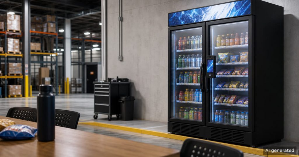 Dual-door smart cooler in a warehouse break area showing vending site review and service access