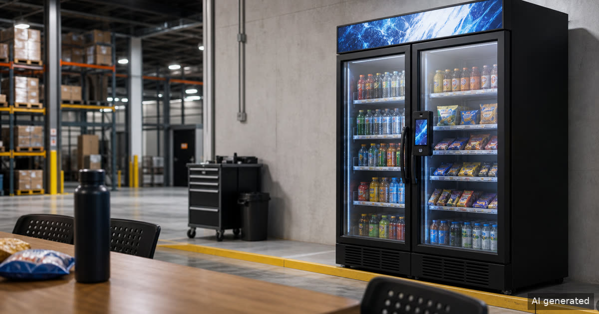 Dual-door smart cooler in a warehouse break area showing vending site review and service access