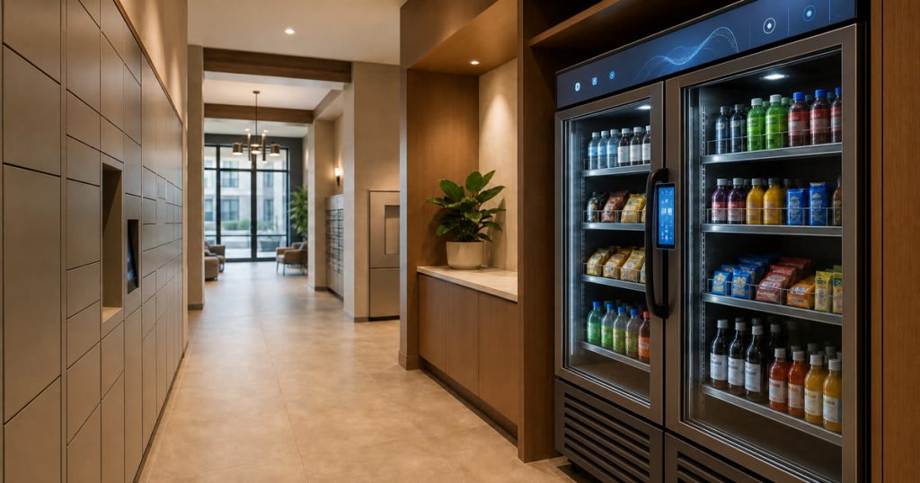 Smart cooler beside apartment package lockers for a vending machine cost planning article