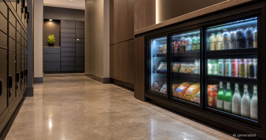 Compact smart cooler along an apartment package room path with parcel lockers nearby