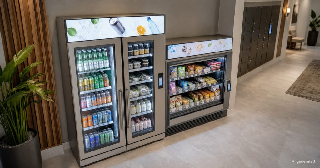Smart cooler and compact market in an apartment amenity corridor for a vending launch note
