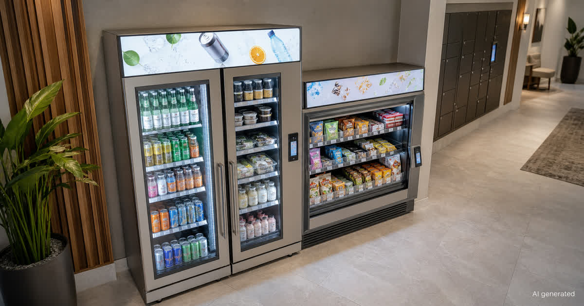 Smart cooler and compact market in an apartment amenity corridor for a vending launch note