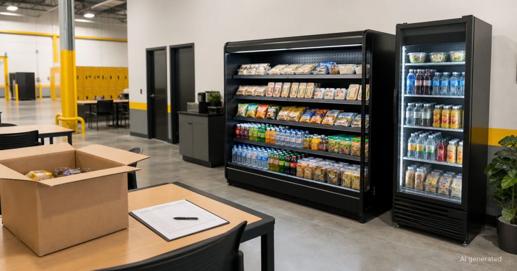 Smart market cooler and upright fridge in an industrial break area during vending machine restocking