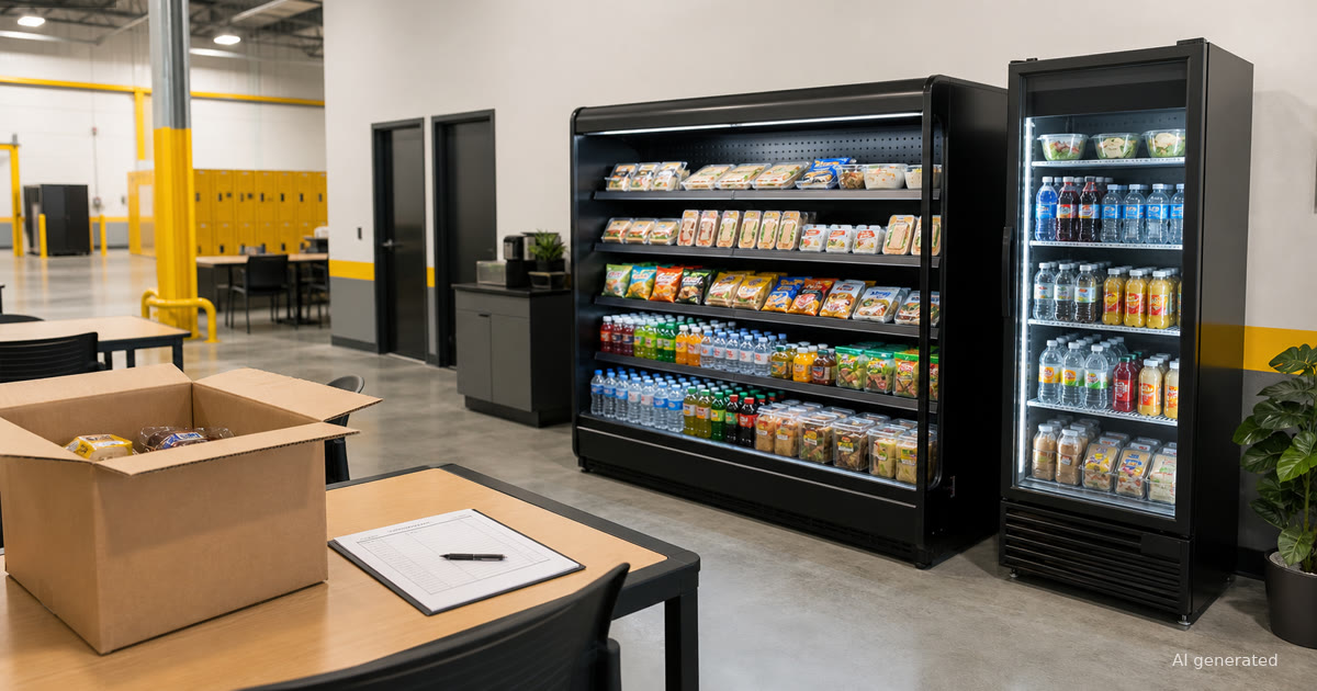 Smart market cooler and upright fridge in an industrial break area during vending machine restocking