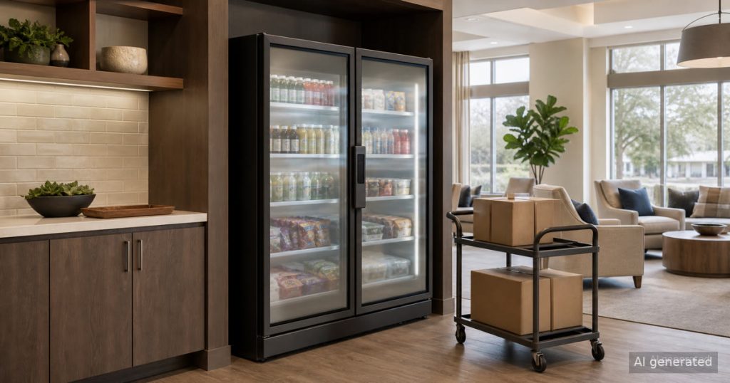 Smart cooler restock cart beside a quiet tenant lounge kitchenette