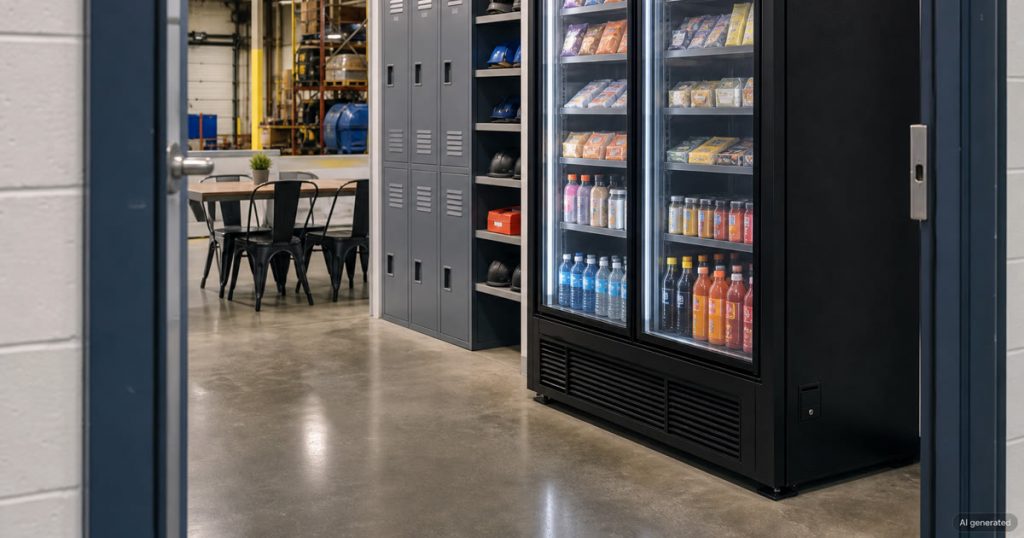 Warehouse breakroom vending area with open floor space for restocking and service access