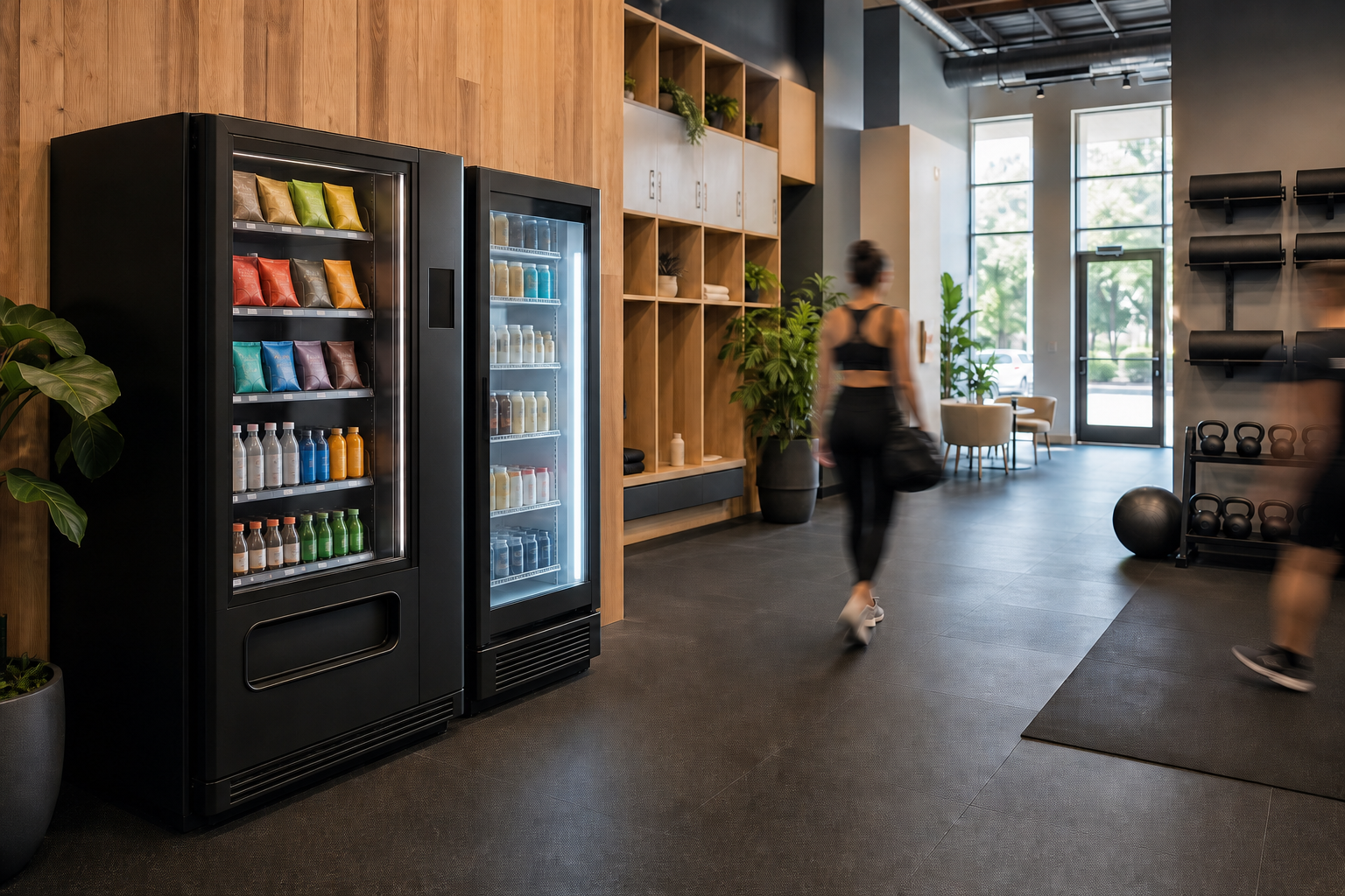 Smart vending and fridge placement near a gym recovery area traffic path