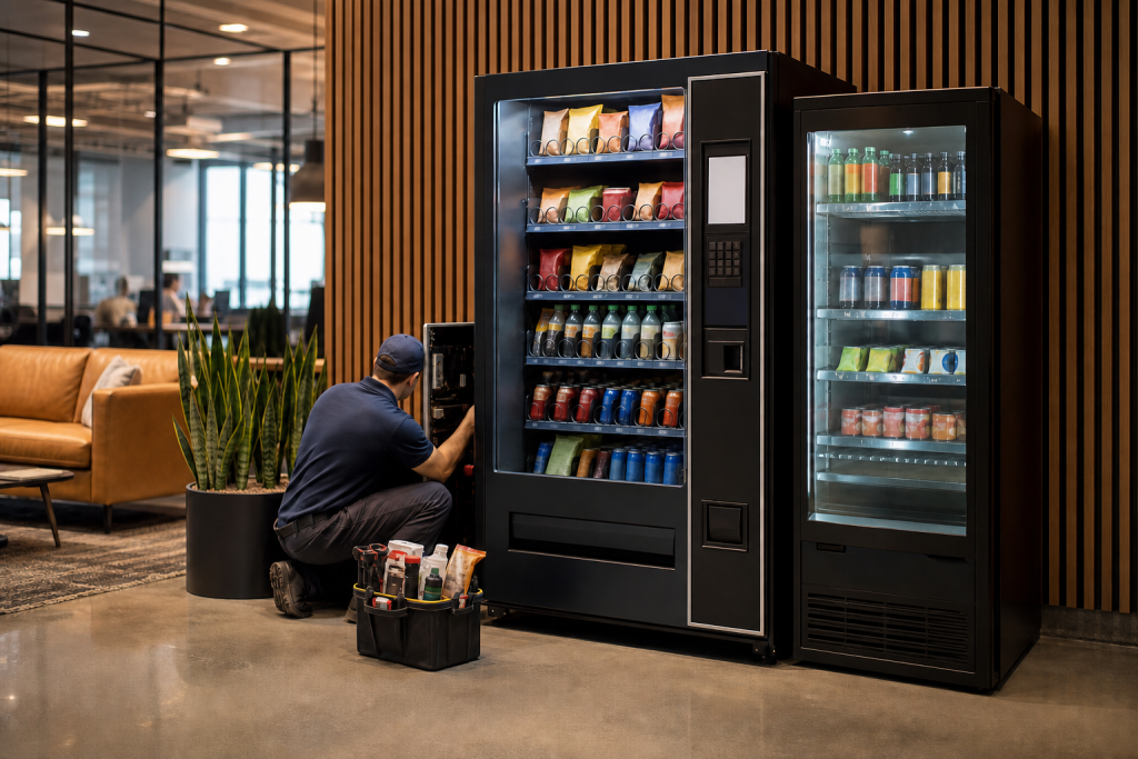 Vending machine service technician maintaining equipment in a modern Austin workplace lounge