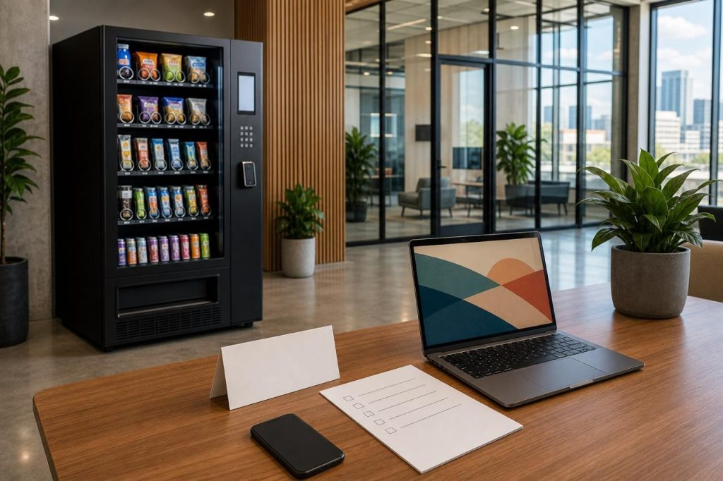 Smart vending and workplace refreshment setup in a modern Austin office lounge