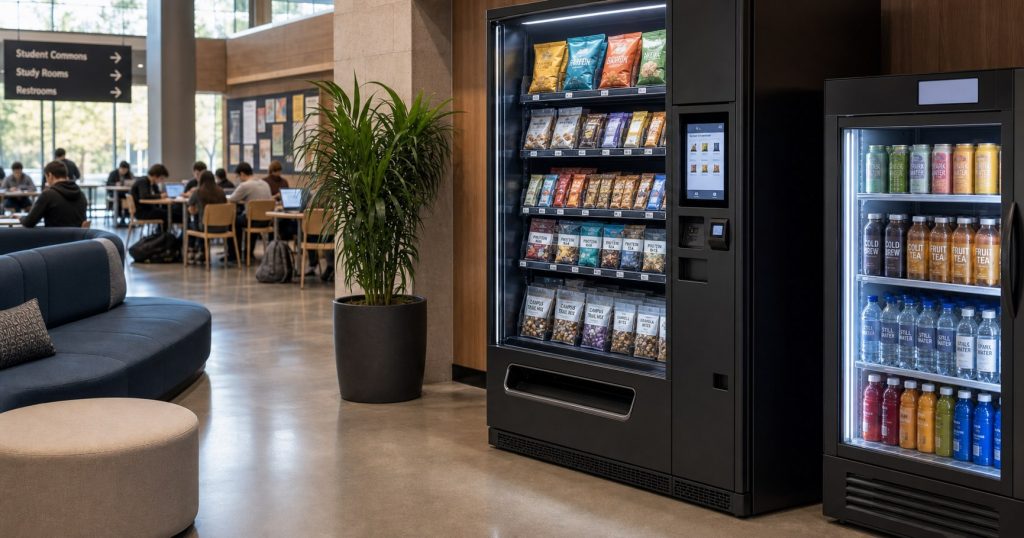 University vending machines and a smart fridge in a modern student commons with generic snacks and drinks