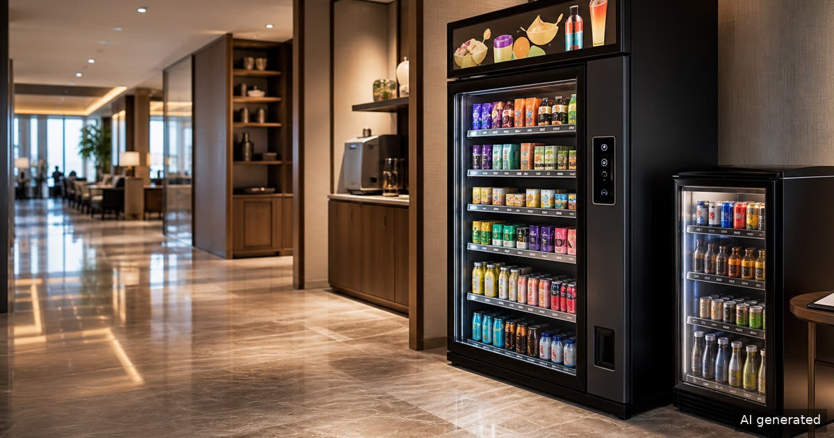 Refrigerated vending cooler in a premium lounge corridor stocked with cold drinks and sealed snacks