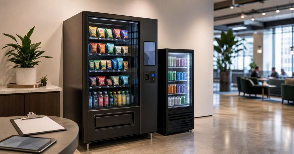 Modern smart vending machine and compact fridge in a premium workplace lobby for a format comparison guide