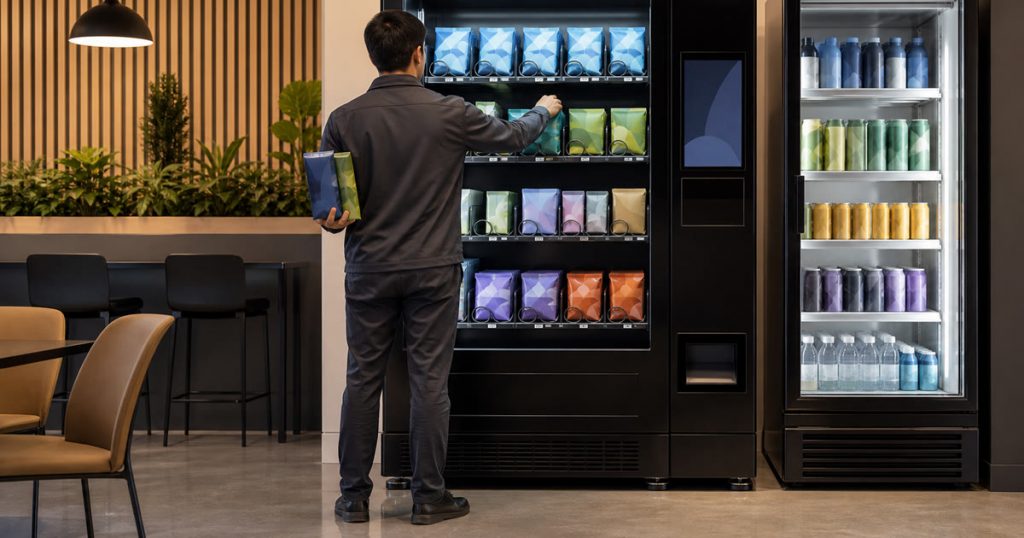 Service operator restocking a smart vending machine and smart fridge in a premium workplace breakroom